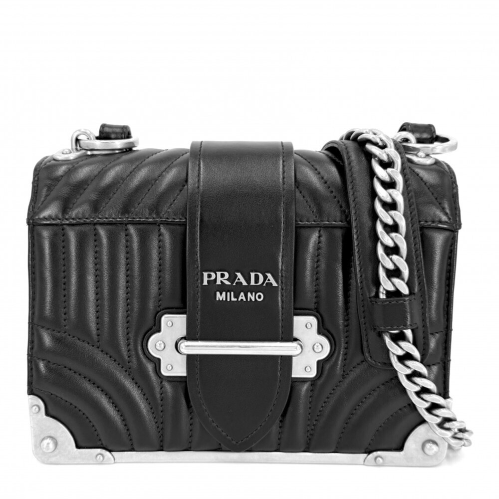 Prada Cahier Diagram Shoulder Bag for Women, Black Nylon with Silver Hardware